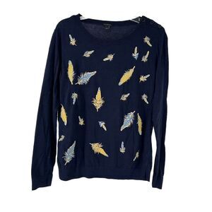 Talbots Sweater Size L Navy Blue Yellow Feather Embroidered Crew Neck Fun Preppy